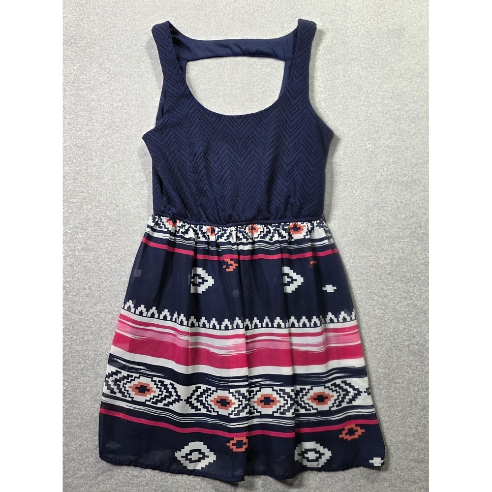 B Darlin Aztec Dress Juniors M Blue Tribal Chiffon Fit Flare Summer Keyhole